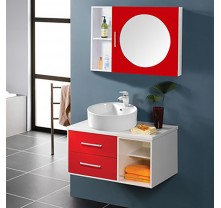 Bright red bathroom vanity with a middle round mirror