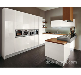 High gloss white lacquer kitchen cabinet with customize wood grain color counter top