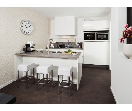 white gloss kitchen cabinets in small space