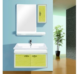 Lemon yellow bathroom vanity units including main and side cabinets