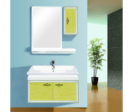 Lemon yellow bathroom vanity units including main and side cabinets