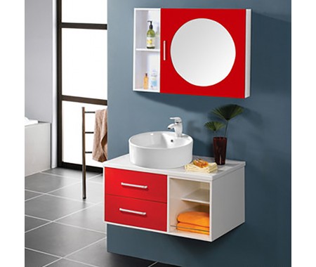 Bright red bathroom vanity with a middle round mirror