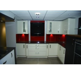 color combination of white with red mixed PETG matte kitchen cabinet