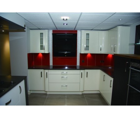 color combination of white with red mixed PETG matte kitchen cabinet