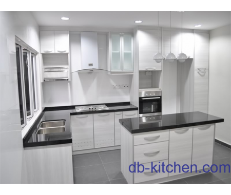 high gloss UV wood grain modern kitchen cabinet on all white design