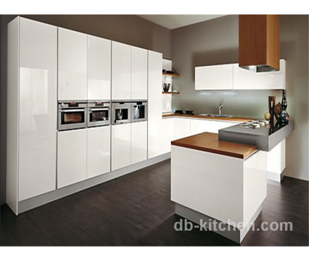 High gloss white lacquer kitchen cabinet with customize wood grain color counter top