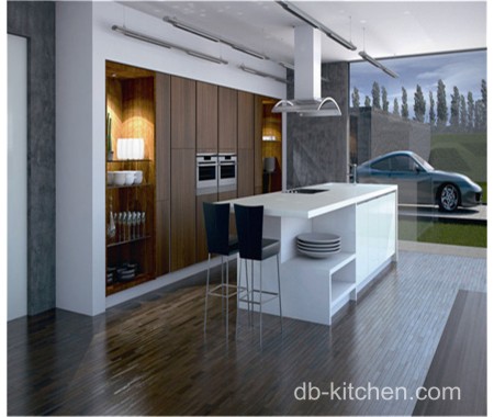 High gloss white acrylic and UV wood grain modern kitchen cabinet